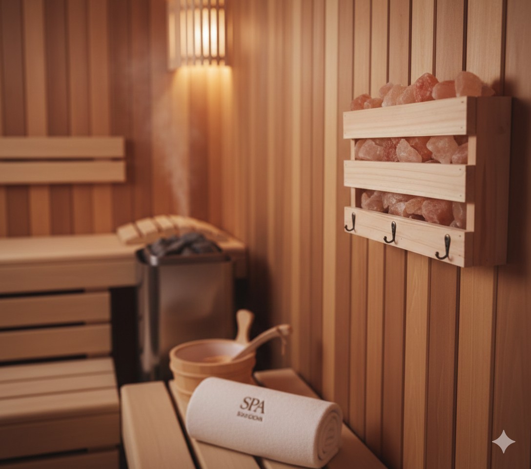 Himalayan Salt Hanging Sauna Box with Hooks, Cedar Wood, Relaxing Spa Decor