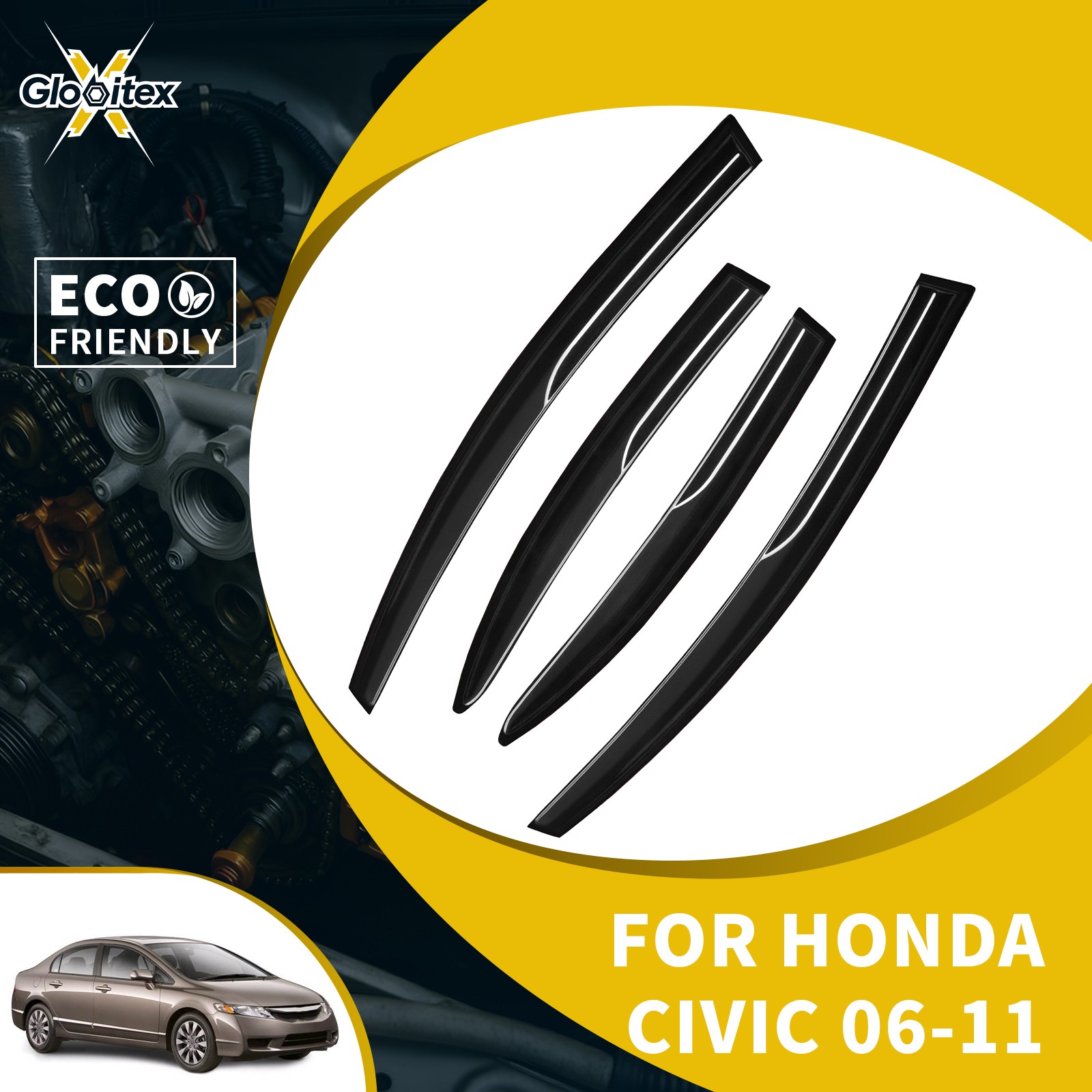 For 2006-2011 Honda Civic 8th Gen Sedan JDM Mugen Style Window Visor Rain Guard