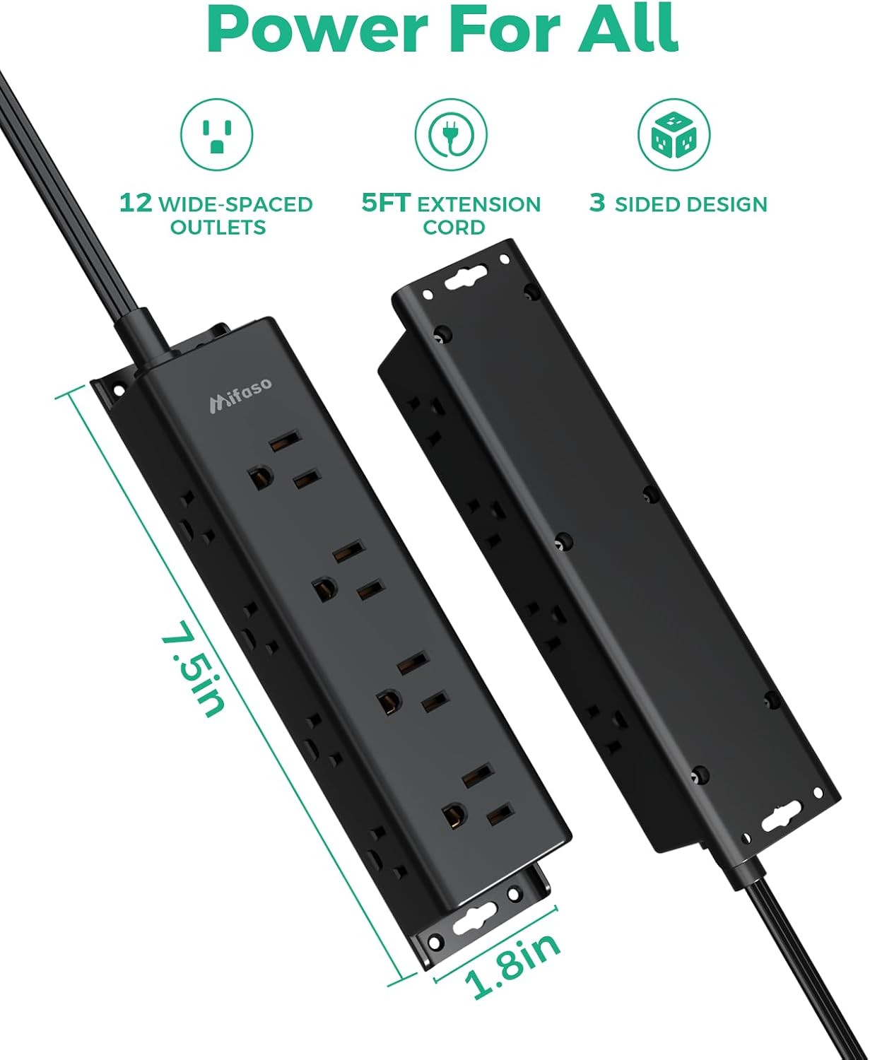 Surge Protector Power Strip, 12 Wide Spaced Multi Outlets, Wall Mount | 3 Side O