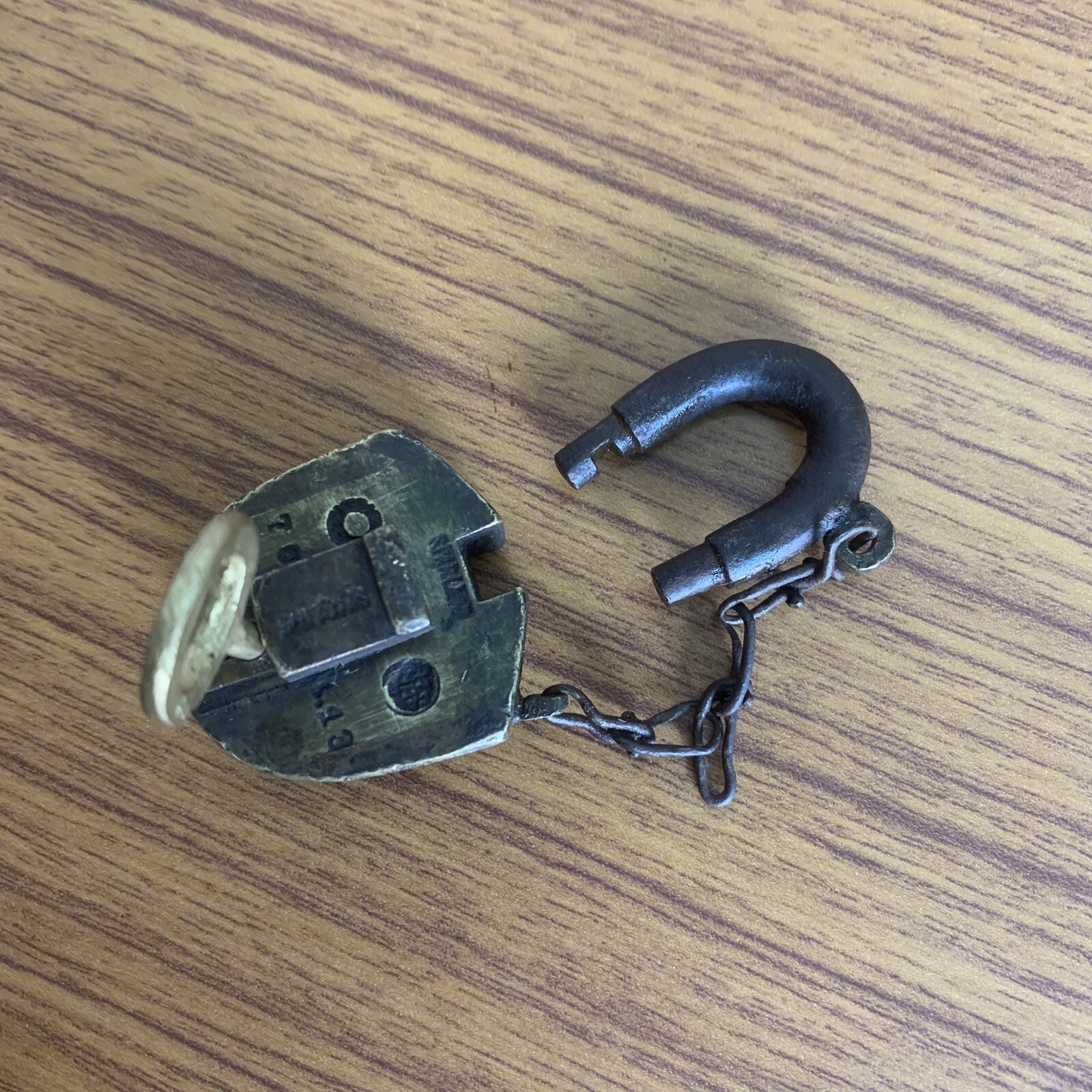 BRASS PADLOCK OR LOCK WITH KEY OLD OR ANTIQUE, with chain, miniature sized.