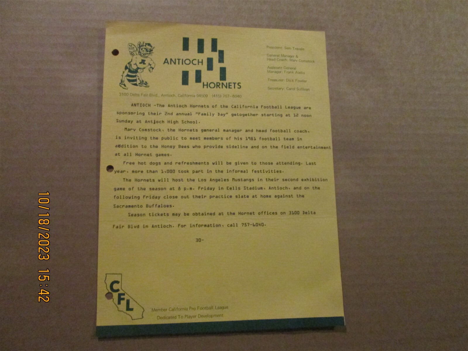 California Football League Antioch Hornets Vintage 1981 Team Logo Letterhead