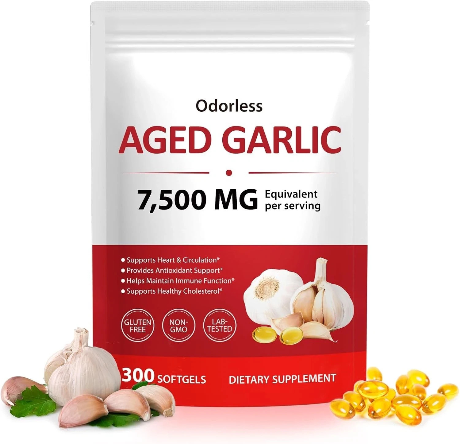Odorless Garlic 7500Mg per Servings, 300 Softgels | 2 Years Aged Garlic Extra...