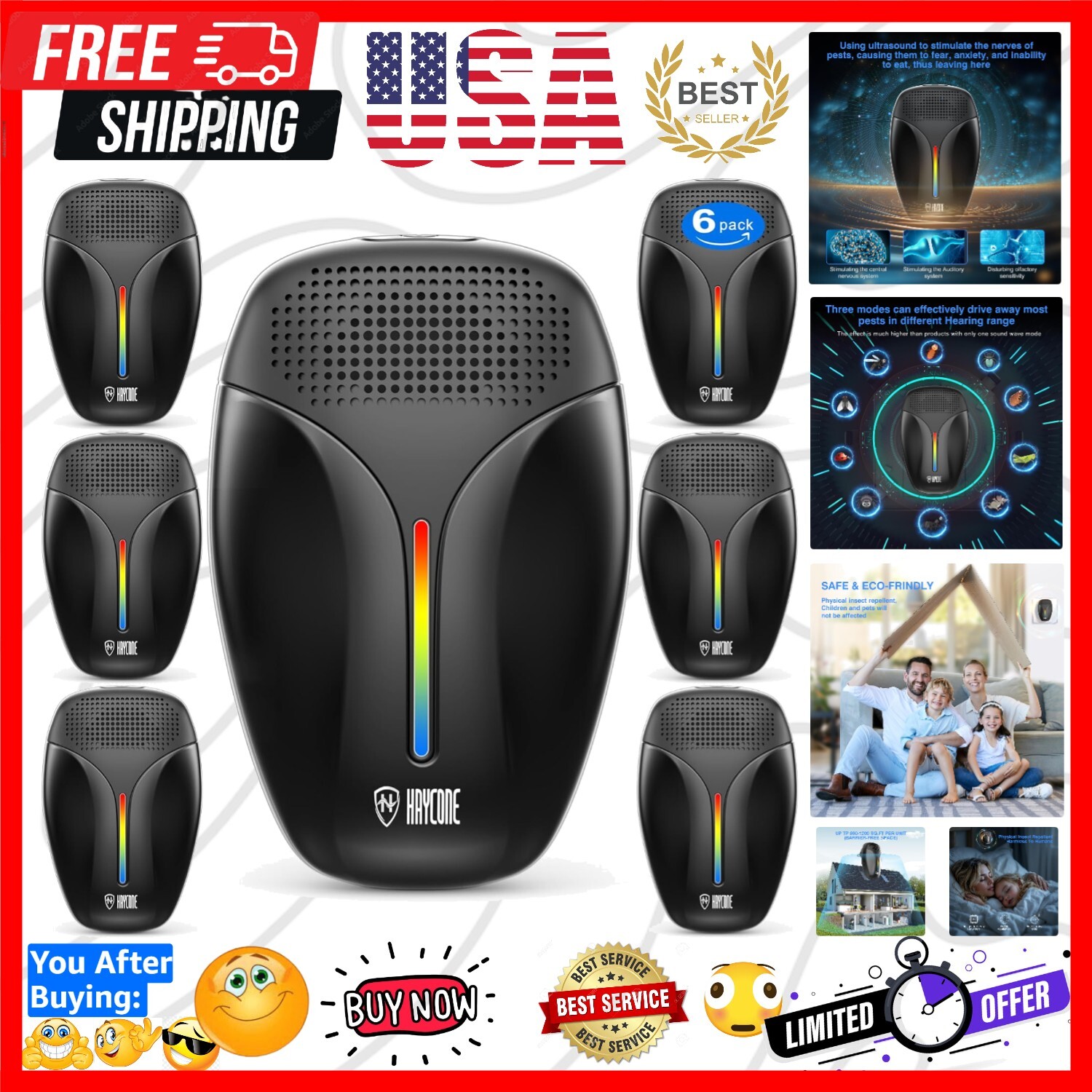 Upgraded Ultrasonic Insect Repeller - 3 Modes for Roaches, Mice & More (6 Pack)