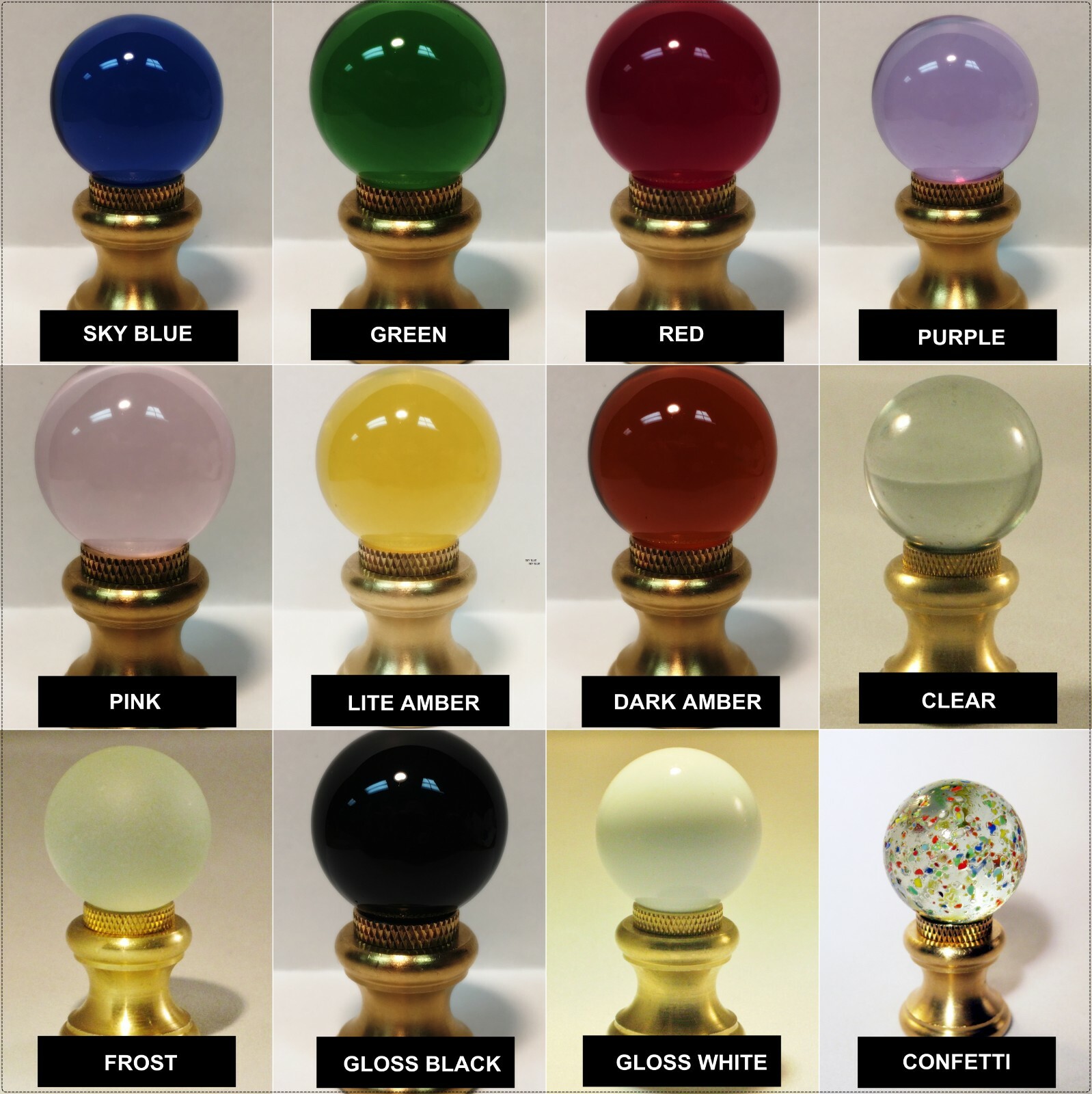 LAMP FINIAL-GLASS ORB IN 12 COLORS-SOLID BRASS BASE W/DUAL THREAD (1-Pc.)