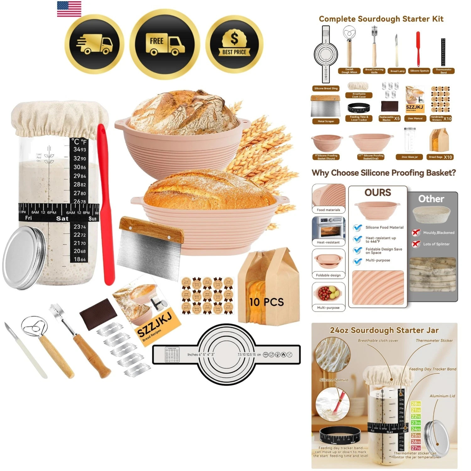 Sourdough Starter Kit, 24PCS Sourdough Bread Baking Supplies, 9"Round & 11"Ov...