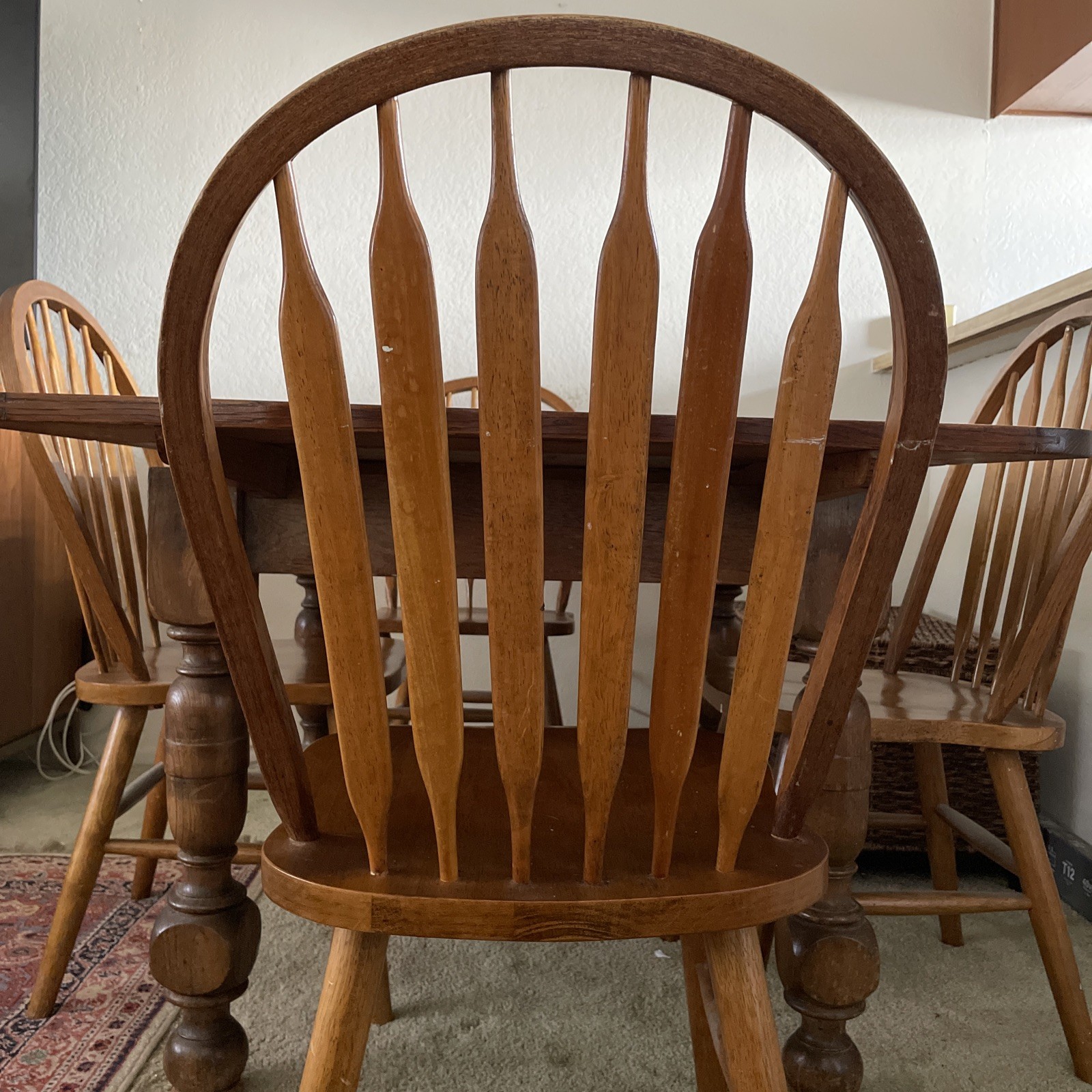 Vintage Solid Oak Dining Rectangle 59.25” Table. 4 Arrowback Chairs. Made Taiwan