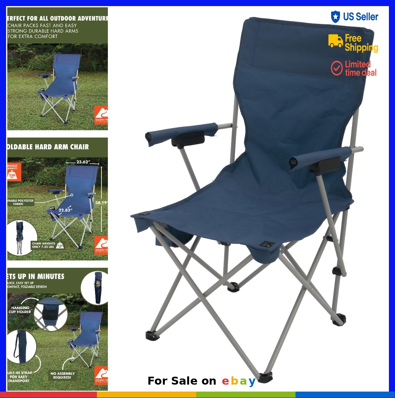 Camping Chair Hard Arm Portable Folding Steel Frame Polyester Seat Cup Holder