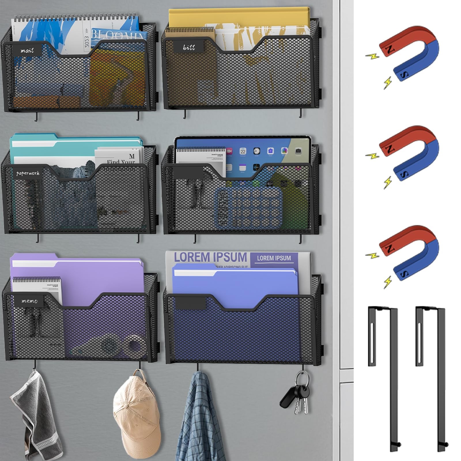 6 Pack Magnetic File Holder Wall File Organizer with Label Panel and 2 Hooks ...