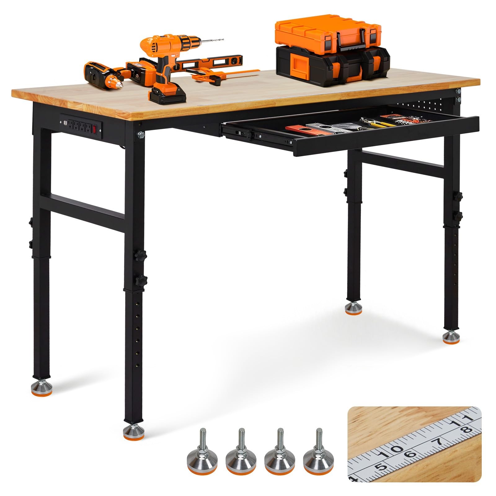 60" Adjustable Workbench w/ Drawer, Work Table w/ Power Outlet for Garage Office