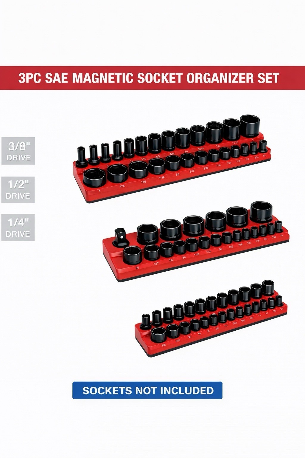 3pcs Magnetic Socket Organizer Storage Holder 1/4" 3/8" 1/2" Drive SAE