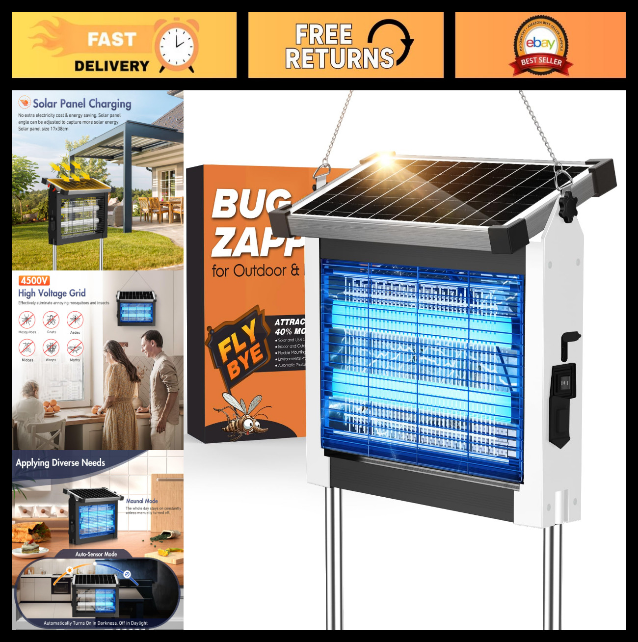 4500V Solar Bug Zapper & Mosquito Killer | 10W USB Charging, Auto/Manual, 1/2 Ac