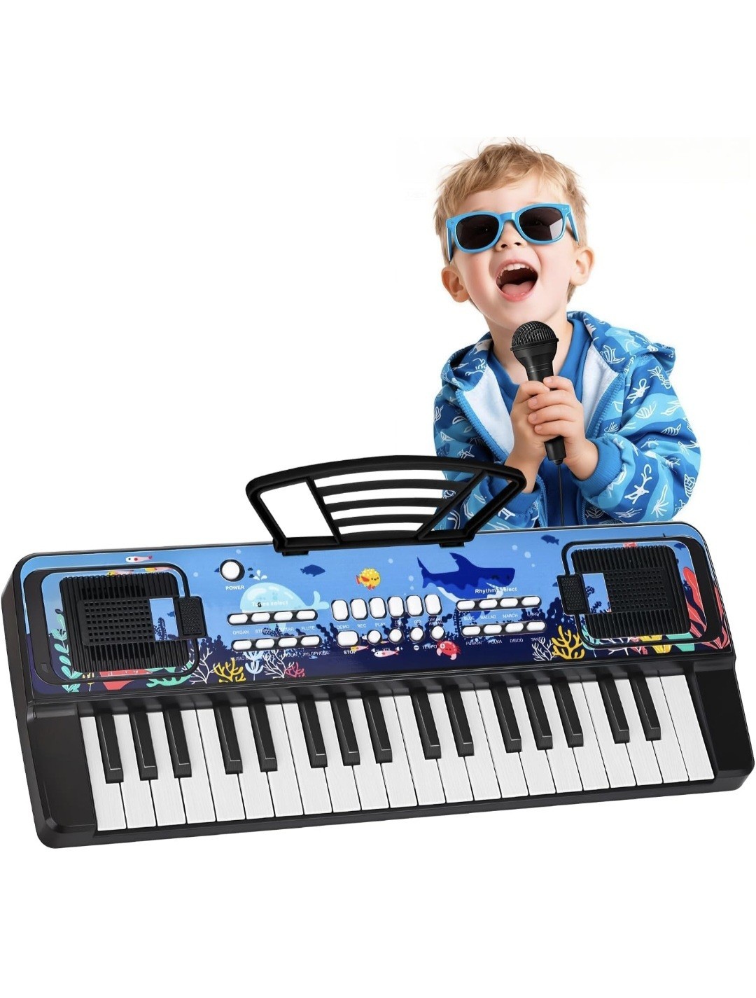 37 Keys Kids Piano Keyboard with Mic Music Stand Shark - Black Portable Toy