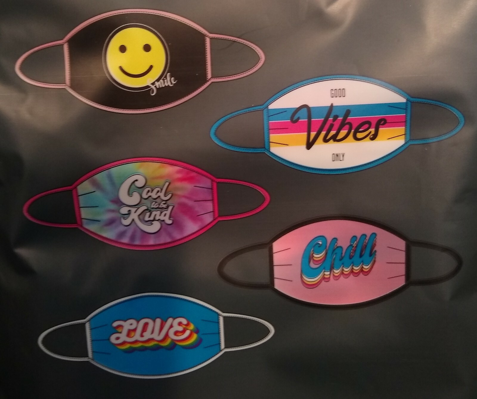 . 5 Face Masks Washable Reusable Adult Smile Good Vibes Cool Kind Chill Love S03