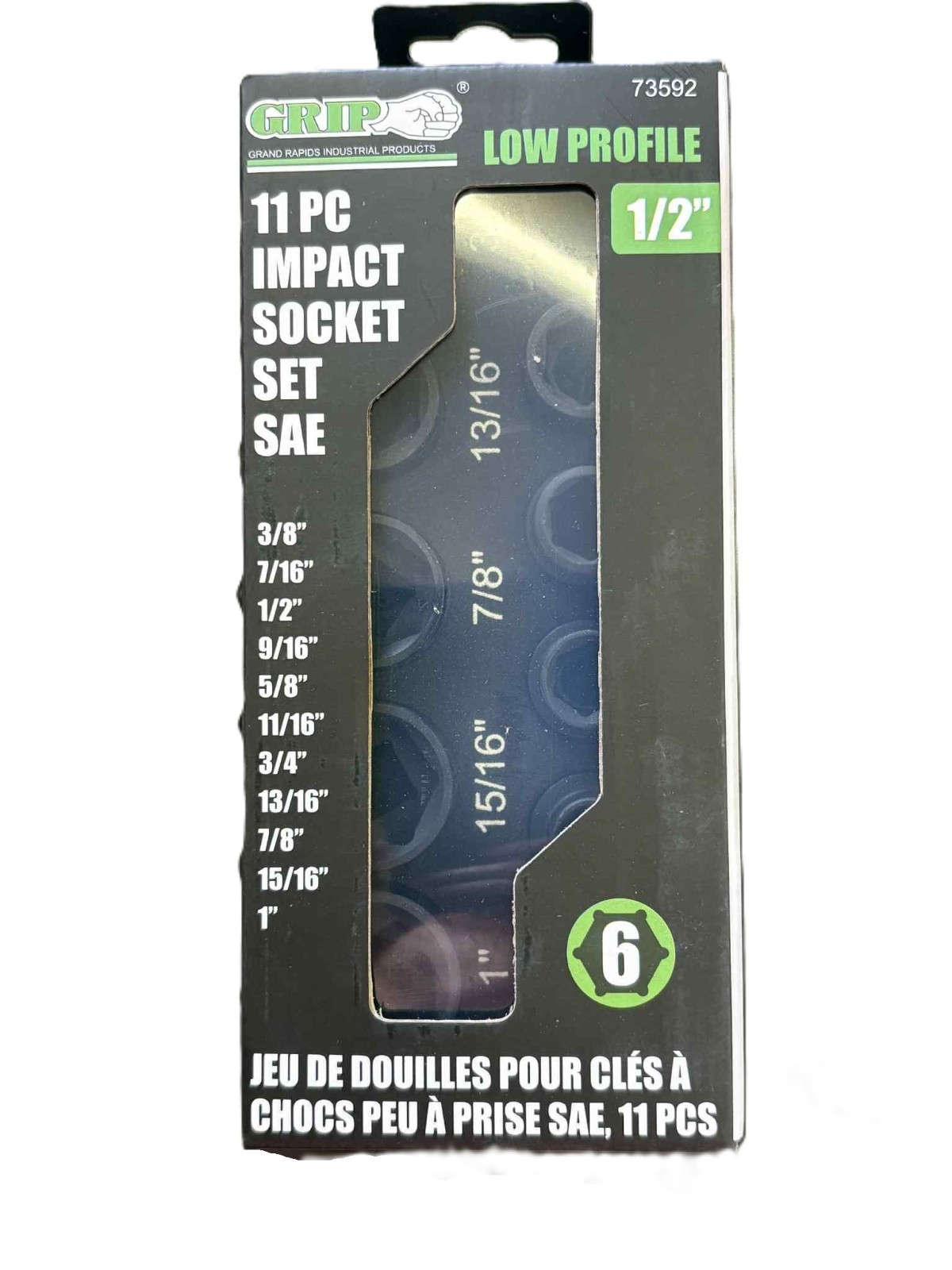 GRIP 11pc 1/2" Impact Sockets SAE 6pt Low Profile Tools Set Standard 73592