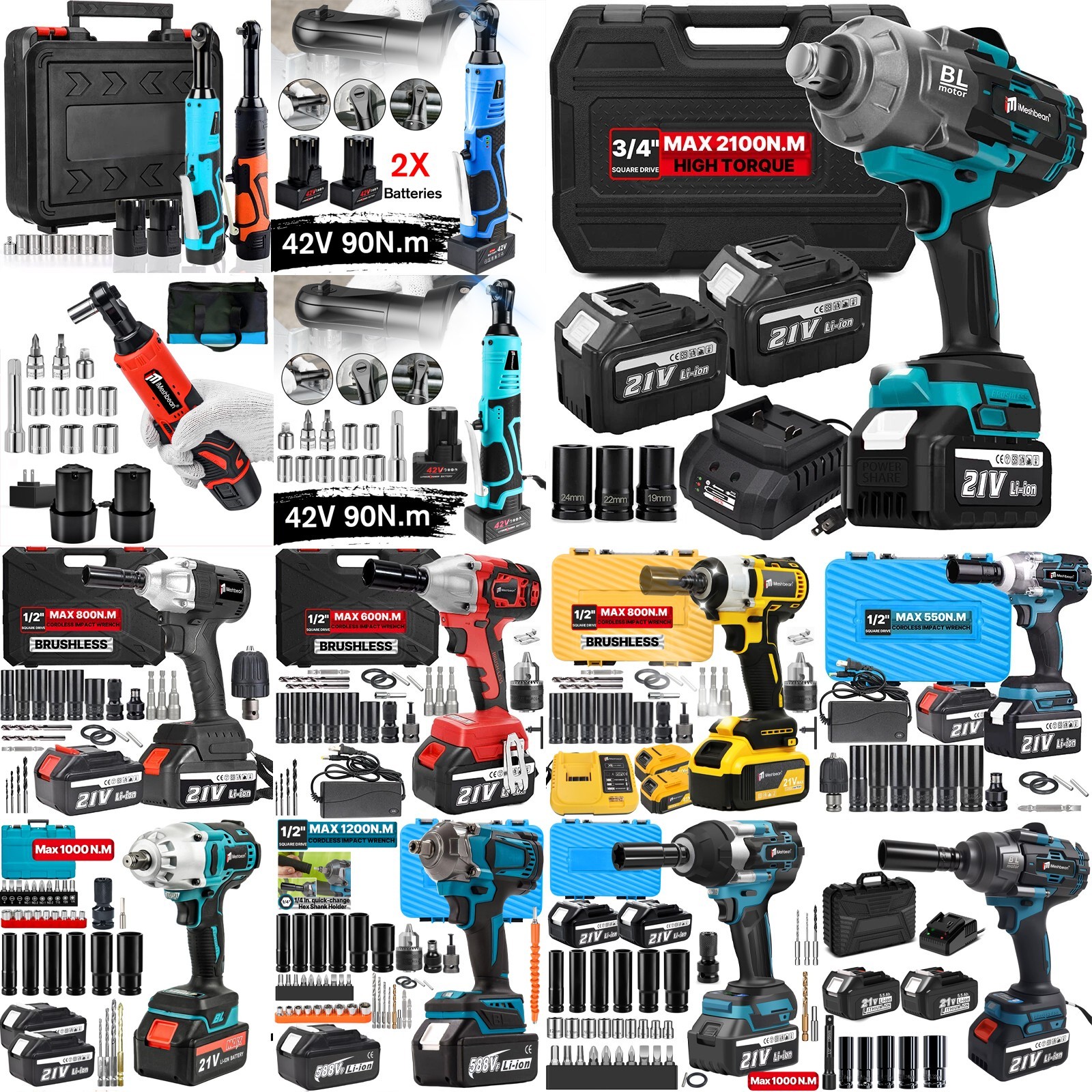 2100Nm Cordless Electric Impact Wrench 1/2'' High Power Driver + Li-ion Battery