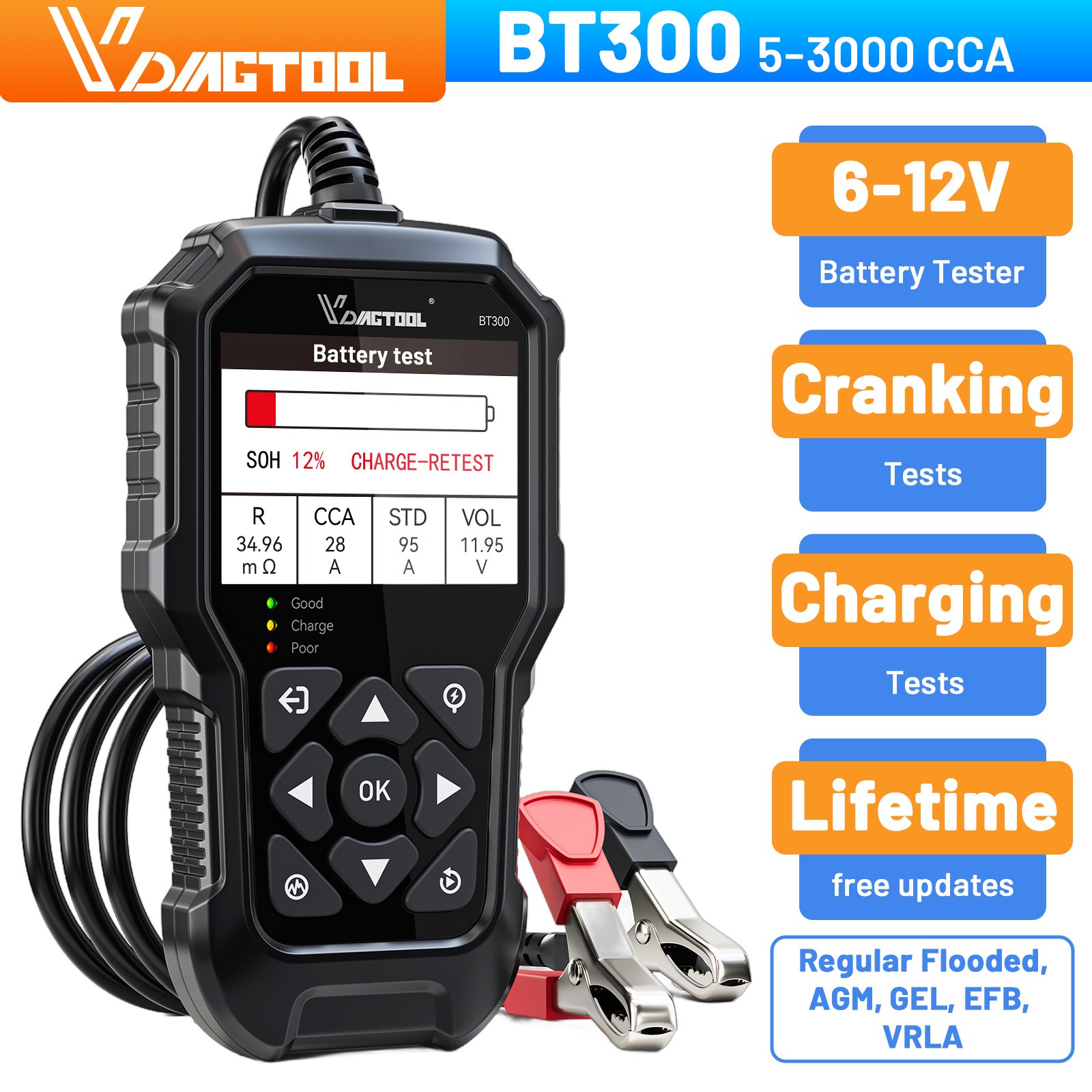 6V/12V BT300 Car Battery Tester Analyzer Cranking Charging Test 5~3000CCA 2.8''