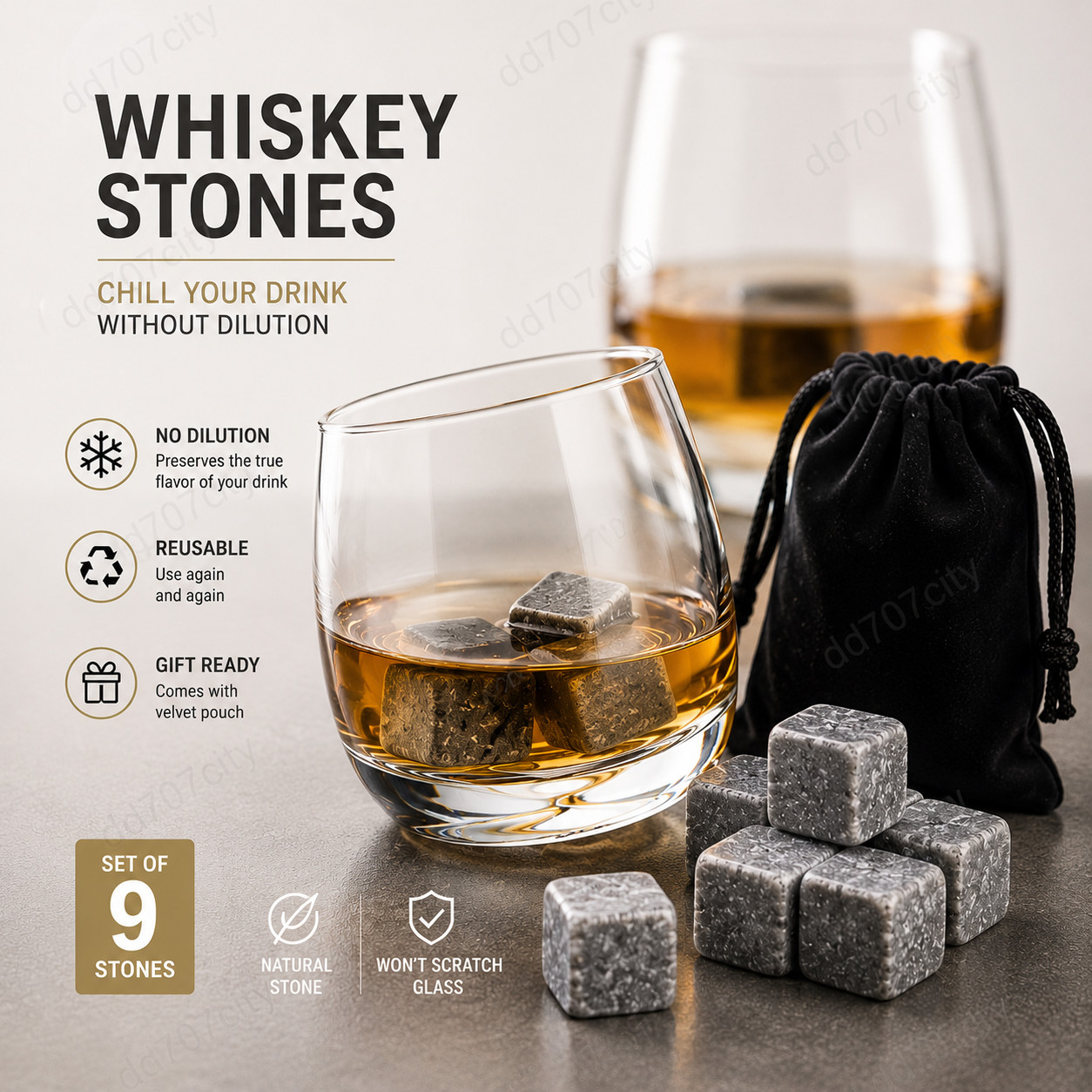 Whiskey Stones Gift Set for Men – Reusable Ice Cubes for Bourbon Scotch Drinks