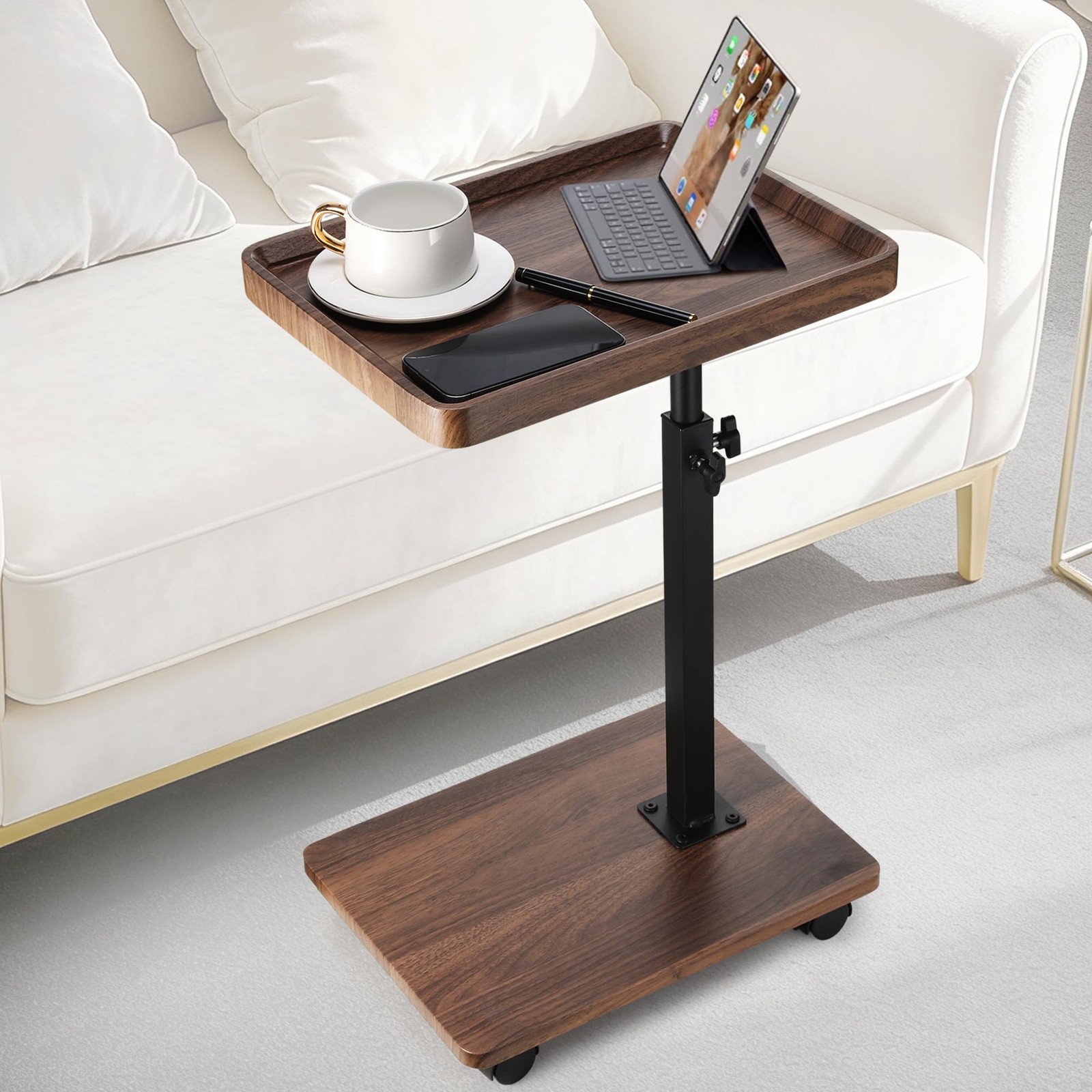 Dozesheep C Shaped End Table for Couch, Adjustable C 16" x 12" x 34", Brown