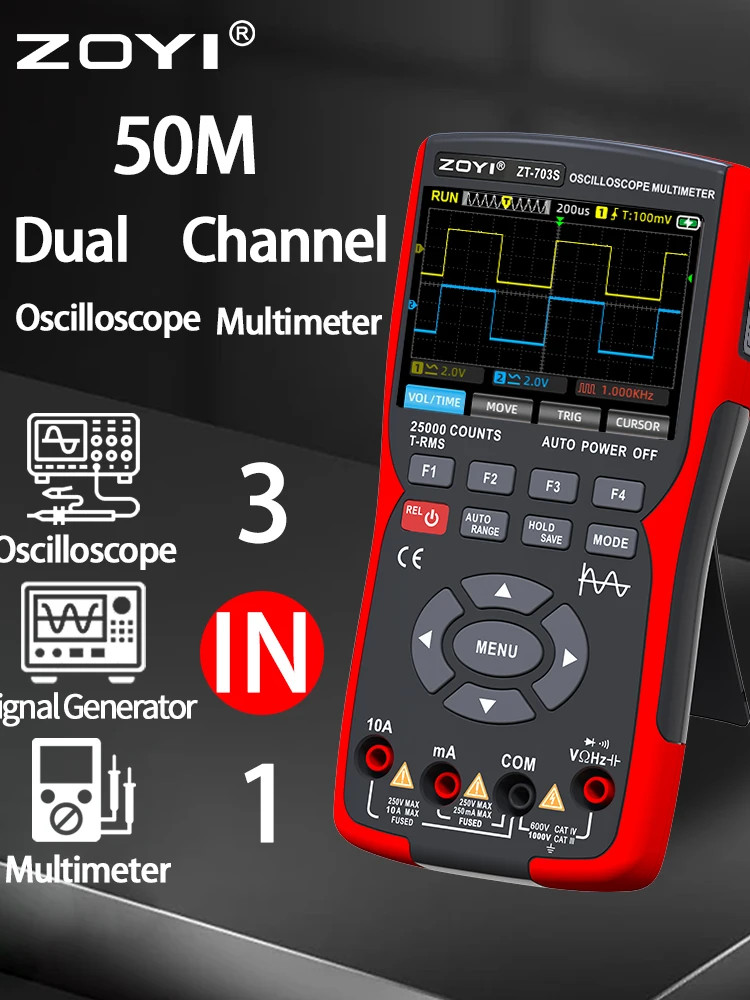 ZOYI ZT-703S 3-in-1 Oscilloscope Multimeter 50MHz 280MSa/s 25000 Counts 3.5in