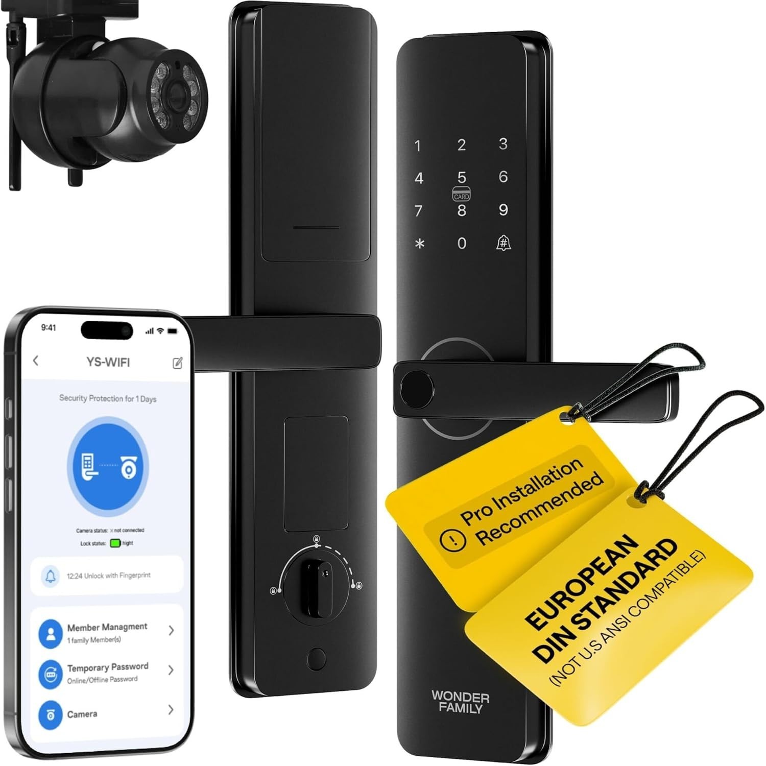 Wonder Family Keyless Mortise WiFi Smart Door Fingerprint Lock w/ Camera - Black