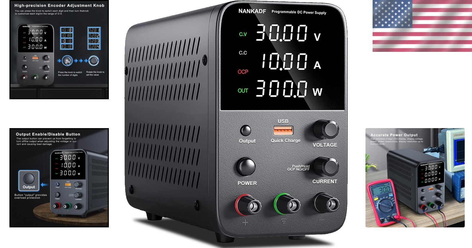 Compact Variable DC Power Supply with Encoder Knob and USB Quick Charge, 300W
