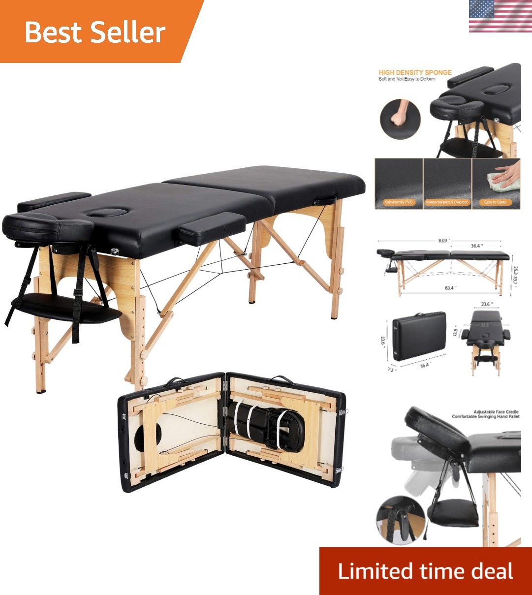Luxury Black Folding Massage Couch - Adjustable Spa Bed with Headrest & Armrests
