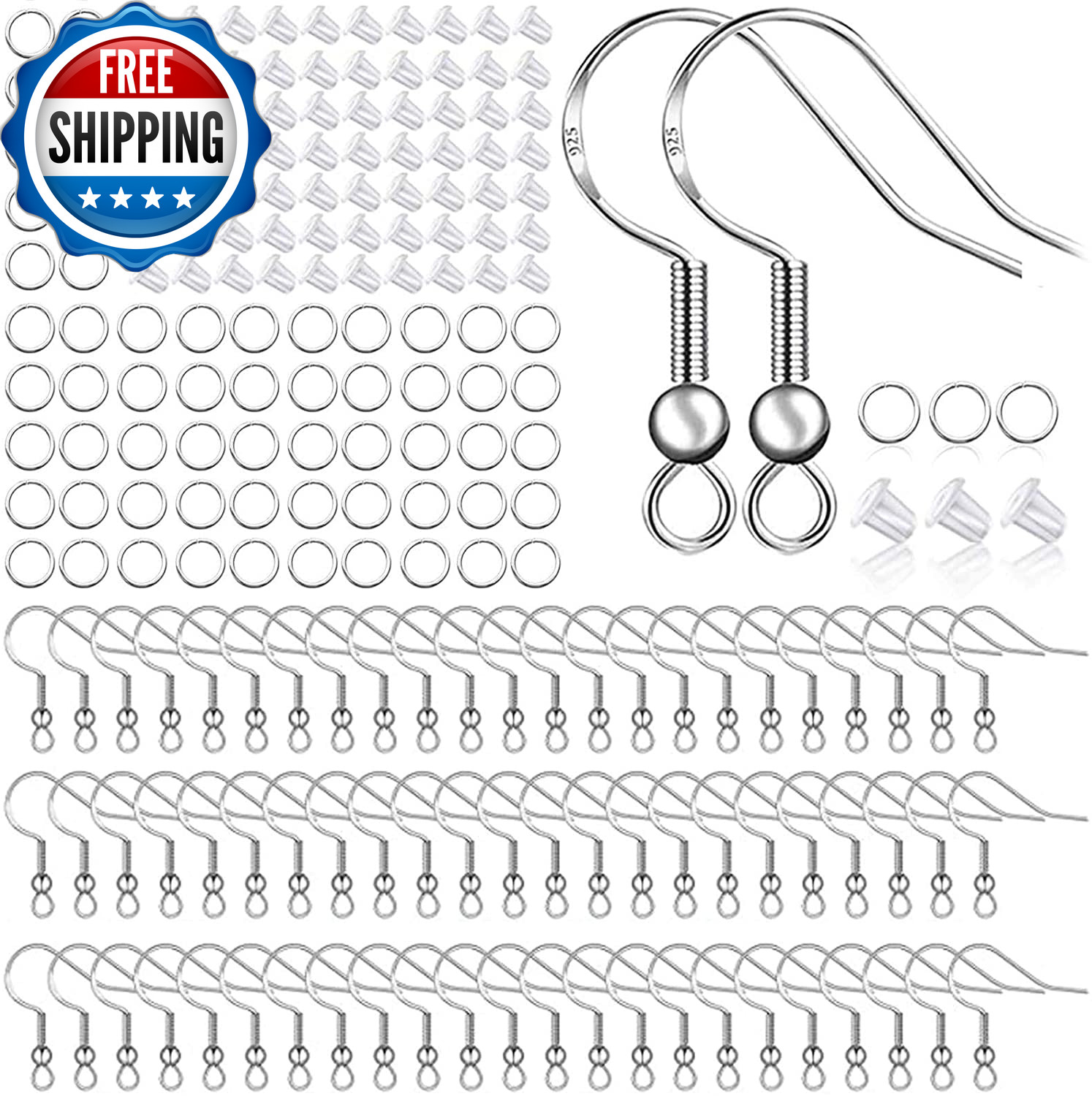 925 Sterling Silver Plated Earring Hooks 150 PCS/75 Pairs Ear Wires Fish...