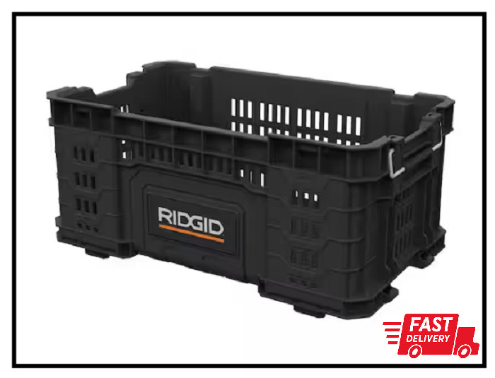 22 In. Tool Accessory Box Black Durable High Impact Storage Crate Stackable Tote