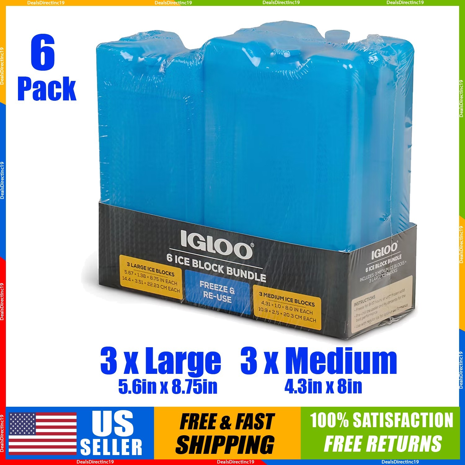 Reusable Ice Packs for Coolers Blocks Freezer Packs IGLOO 6 Pack Large & Medium