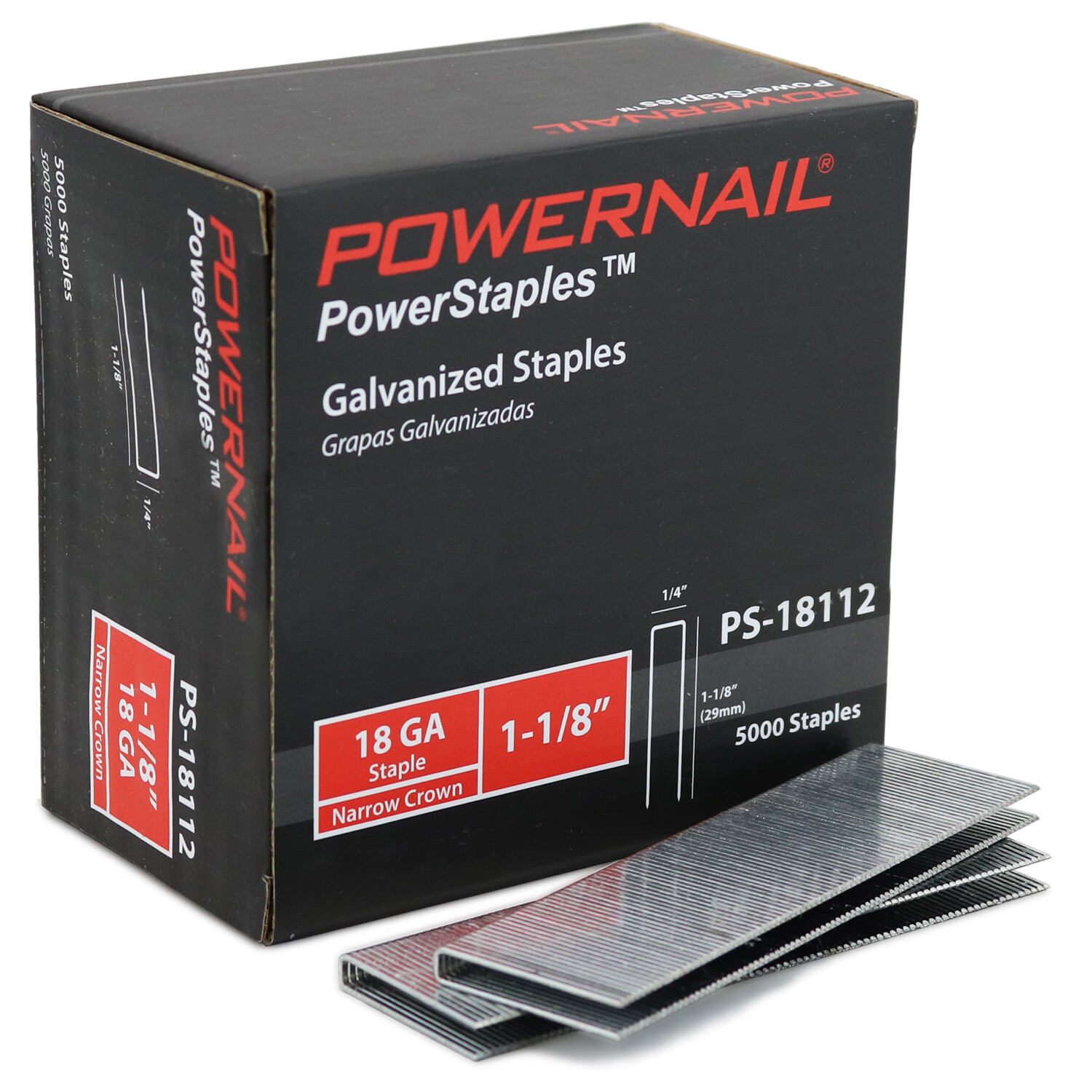 Powernail PS18112 18 Gauge 1-1/8” Length 1/4" Narrow Crown Staples (5000ct)