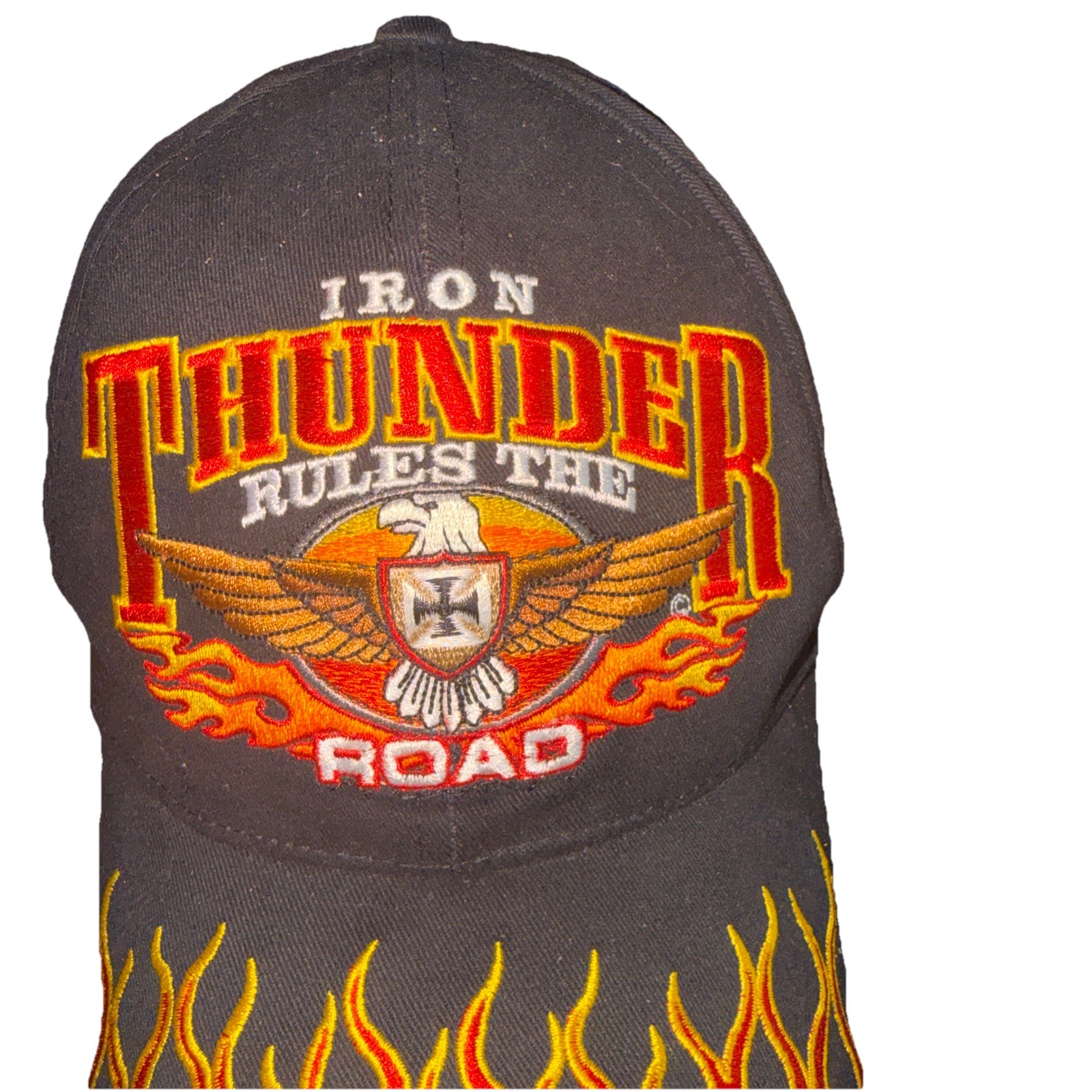 Iron Thunder Rules the Road w Eagle and Flame on Black Hat Cap Cotton Hook Loop