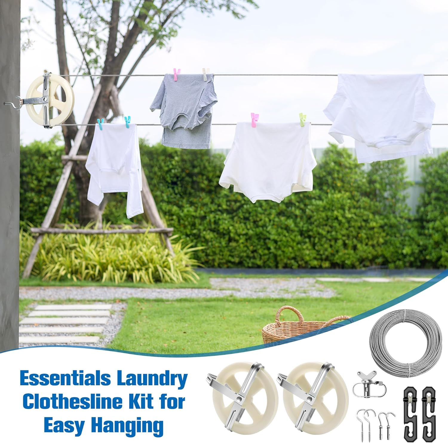 Clothes Line Outdoors Kit with 150.9FT Wire Rope PVC Coating 5inch Clothesline P