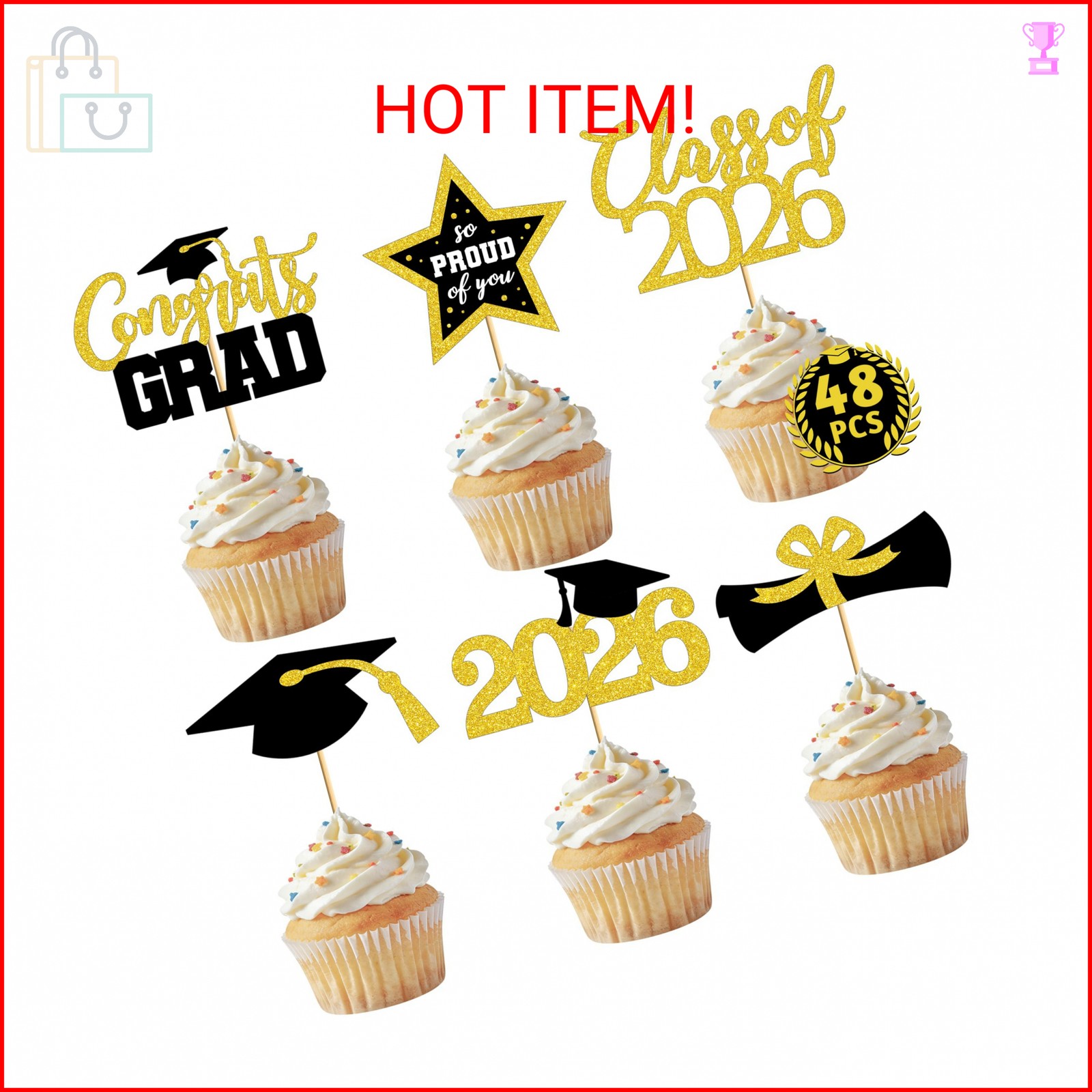 48 PCS Graduation Cupcake Toppers, 6 Styles Congrats Grad Cake Topper, Black and