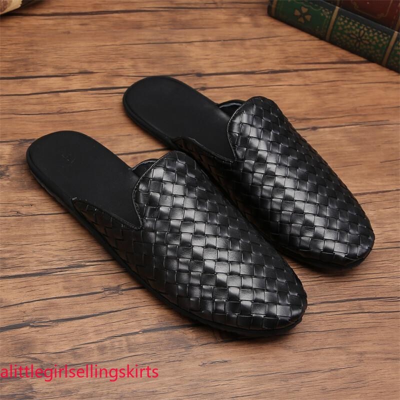 Men's Leather Woven Slippers Flats Closed Toe Mules Handmade Casual Club Sandals