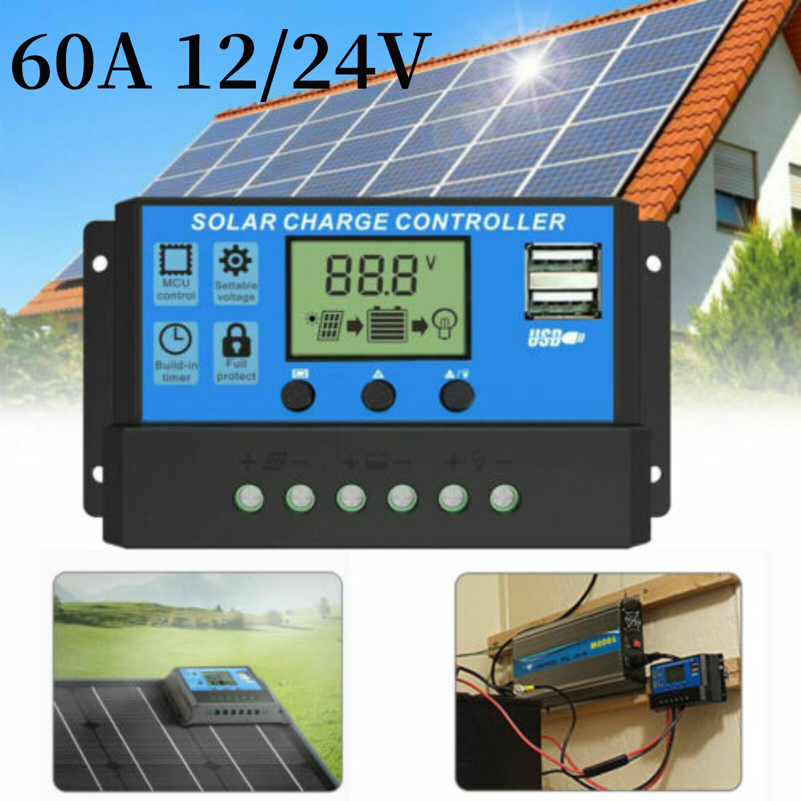 60A Solar Panel Battery Charge Controller 12V/24V LCD Regulator Auto Dual USB US