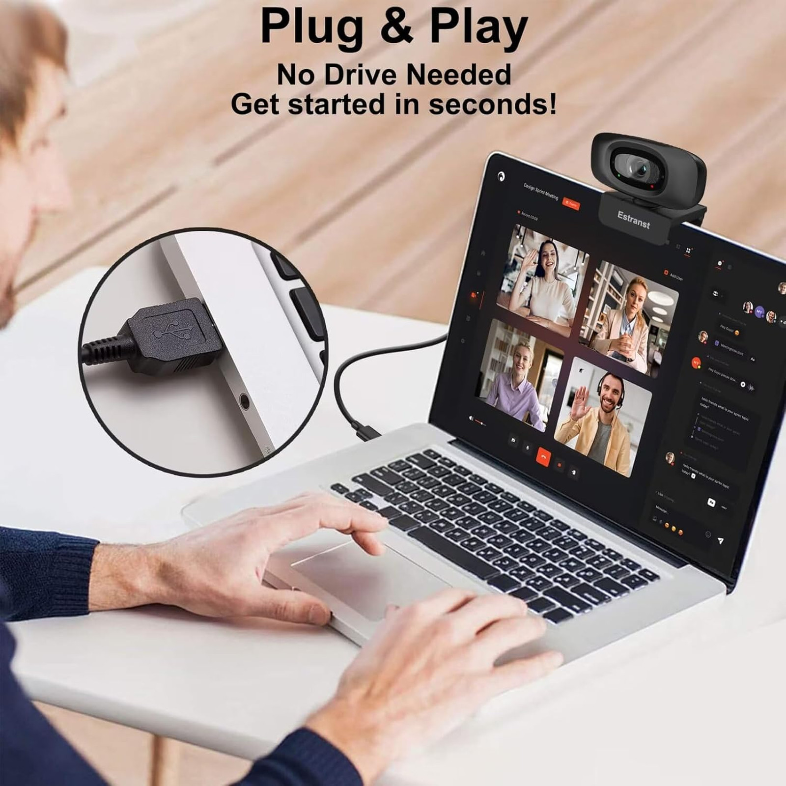 2K Quad HD Webcam with Privacy Cover Microphone USB C Adapter for PC Laptop