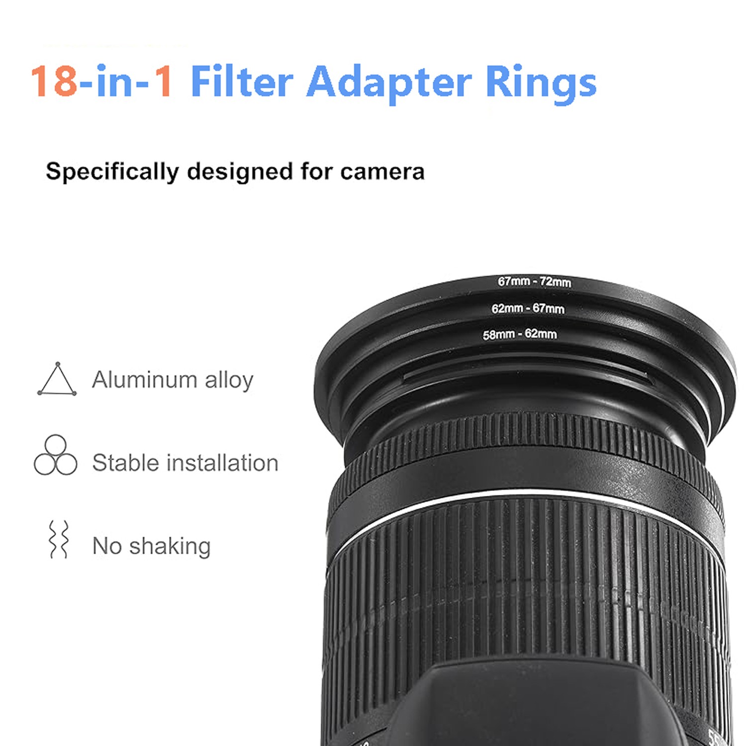 18 in 1 37-82mm Camera Lens Filter Step Up Down Ring Adapter Set For DSLR Camera