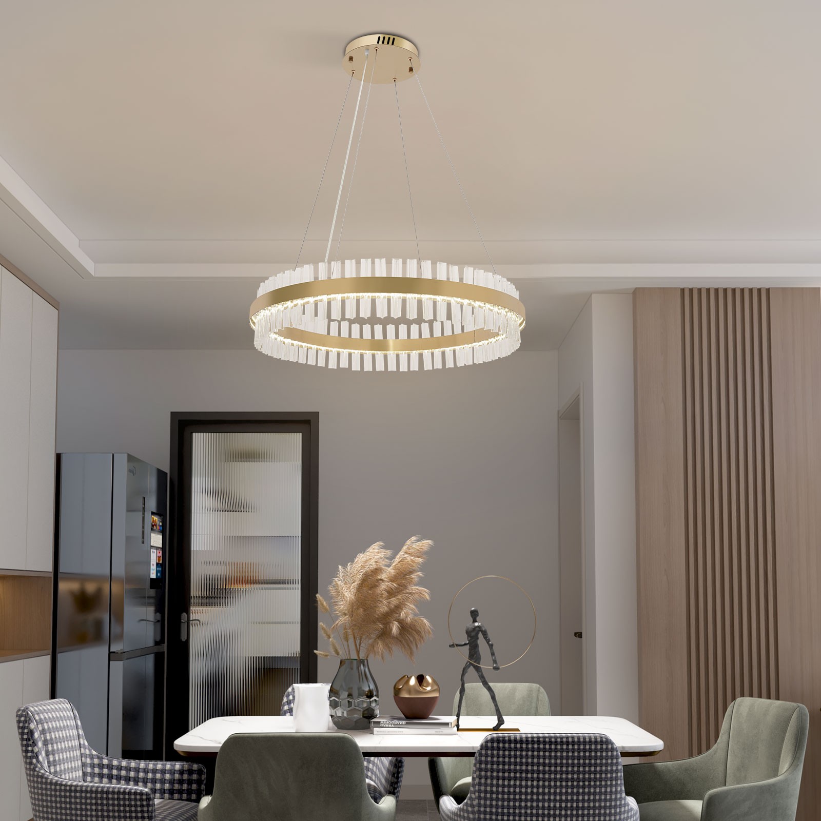 Modern LED Chandelier Crystal Pendant Lamp Round Ceiling Light Ring Adjustable