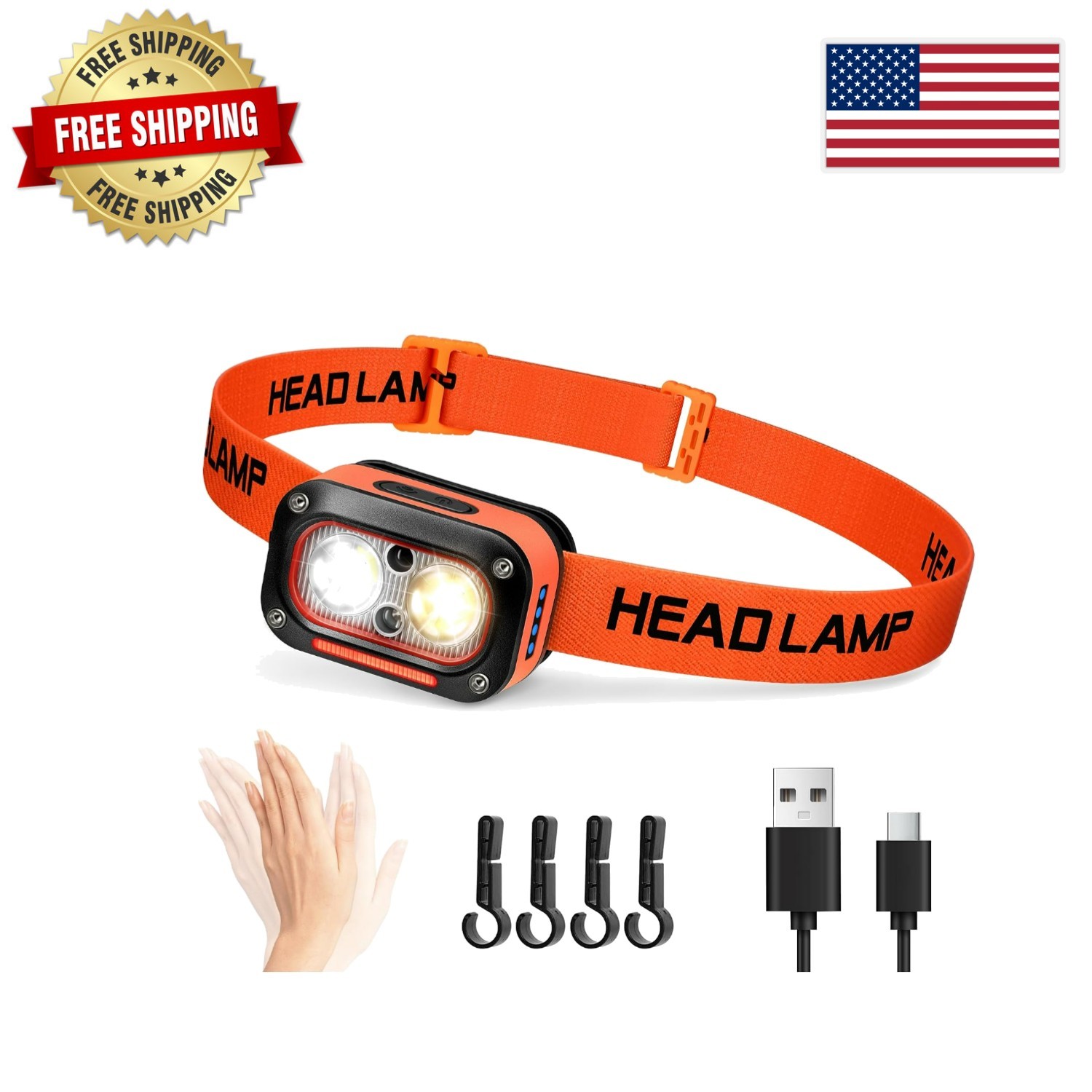 High Lumens USB Rechargeable Headlamp with Motion Sensor - Waterproof Dual Light