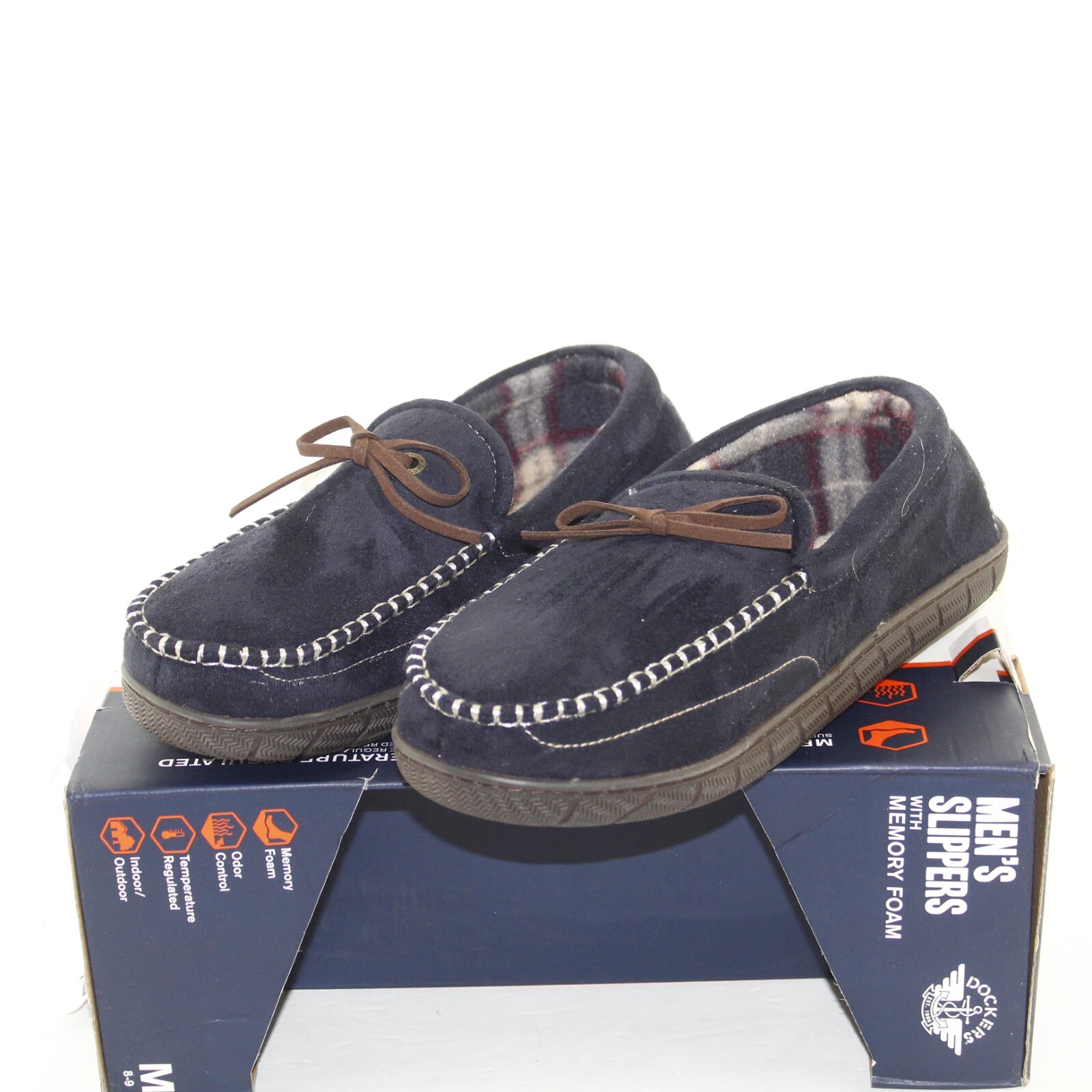 DOCKERS mens lace up flat slipper shoes size 8-9 M navy blue faux suede up NEW