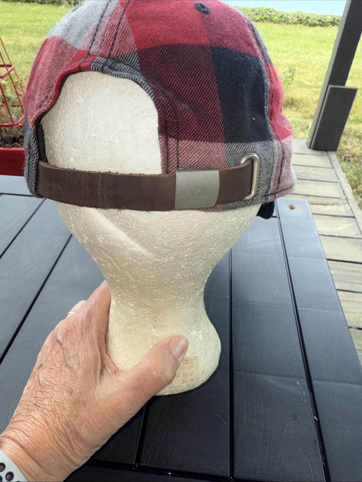 Eddie Bauer Red Black Gray Checked Flannel Hat Cap Leather Strap Buckle