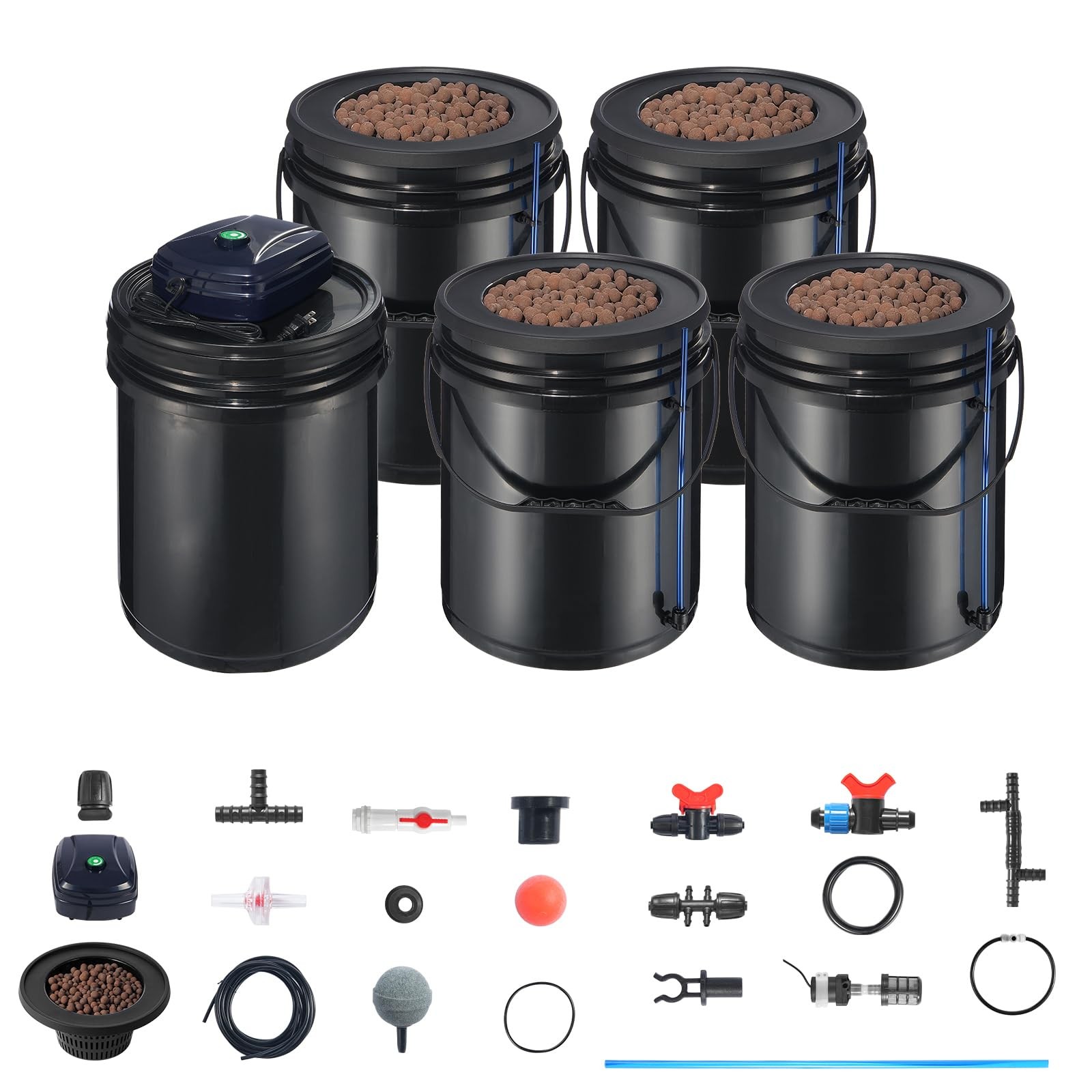 RDWC Hydroponic System 4 Buckets 1 Reservoir Top Drip Air Pump Leafy Vegetables