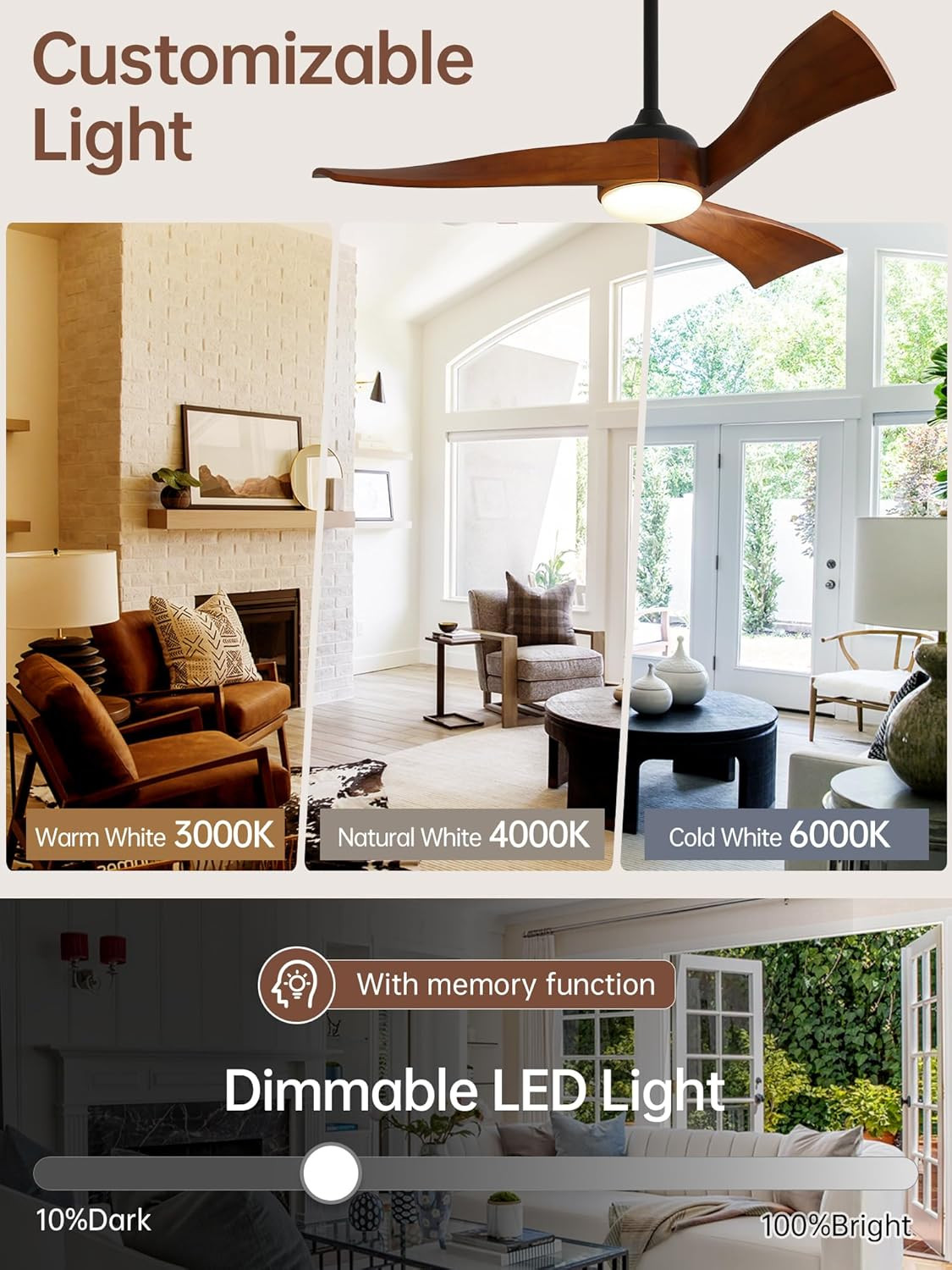 52 Inch Ceiling Fan with Light and Remote, Modern 3 Solid Wood Blades Ceiling Fa
