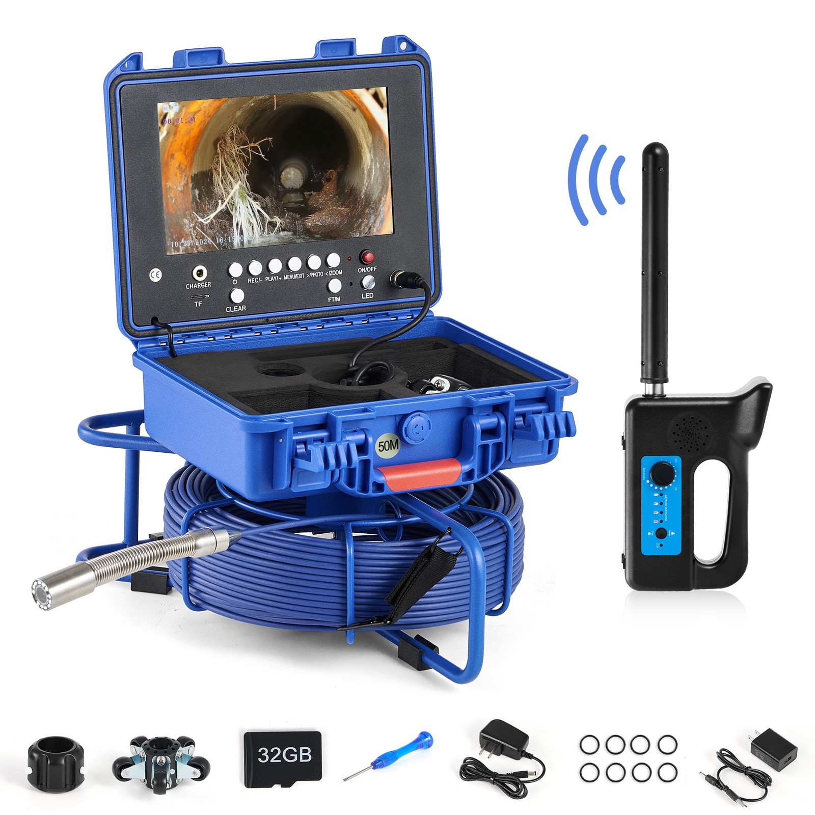 9" Self-Leveling Sewer Camera w 512Hz Locator 295ft/90m Meter Counter 720P 32GB