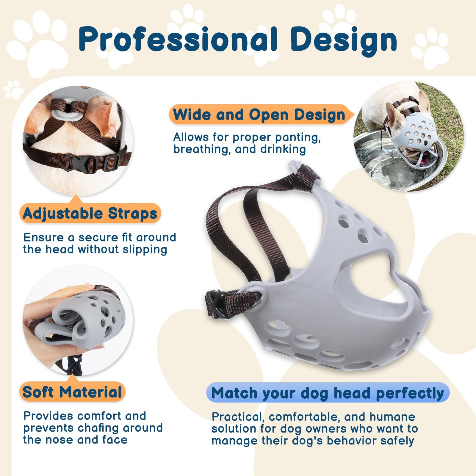 BARKLESS Dog Muzzle for Short Snout Dogs, Soft Silicone Biting, Chewing,