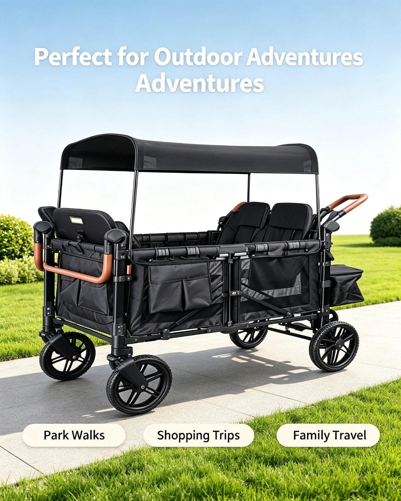 Wagon Stroller w/ Canopy, 4 seater Push Pull Quad Collapsible Stroller Black