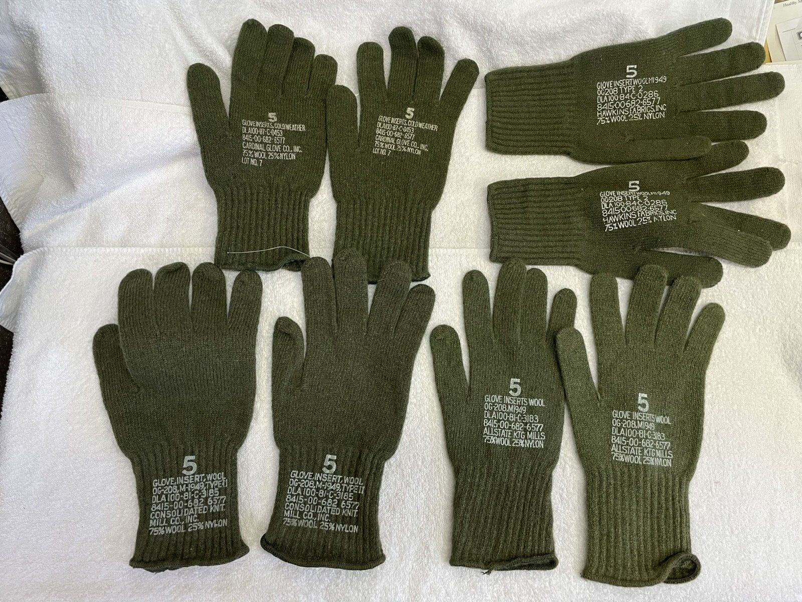 US GI Glove Inserts Size 5 Cold Weather for Shells NOS 75% Wool 25% Nylon 1 pair