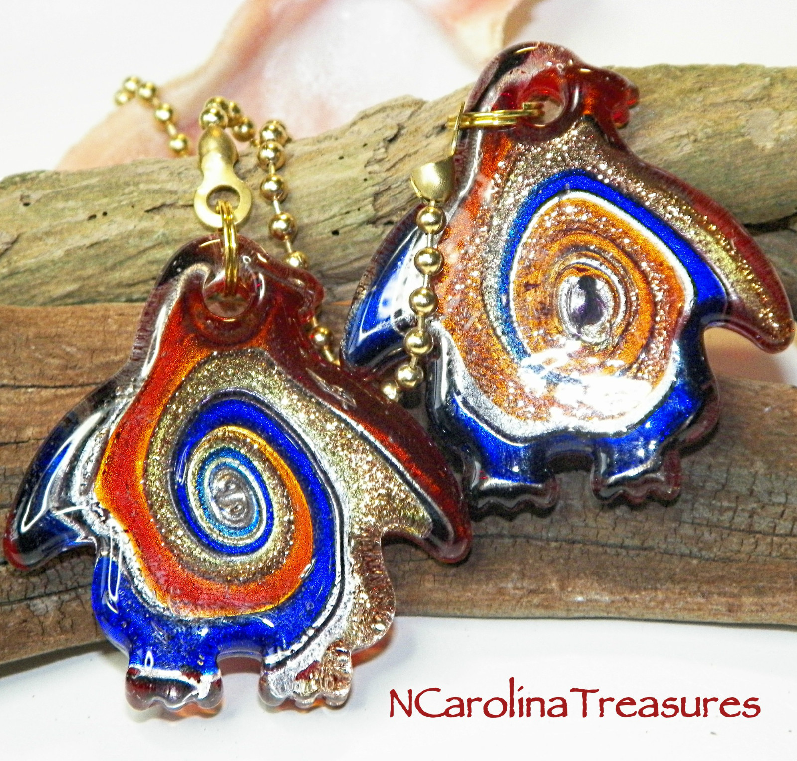 MURANO GLASS CEILING FAN SWITCH PULL RED BLUE PENGUIN PENGUINS LARGE PAIR   P105