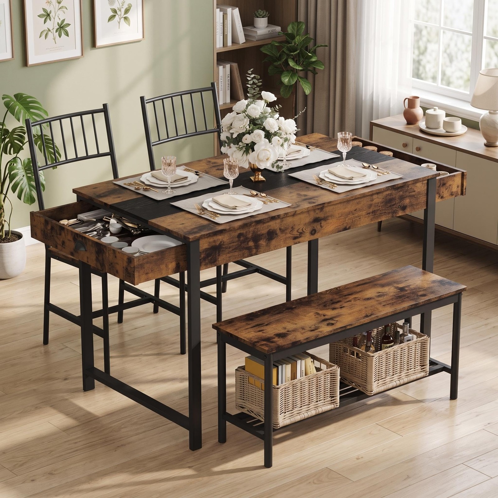 Garvee Space-Saving Dining Table Set for 4 with Storage Drawers, Brown