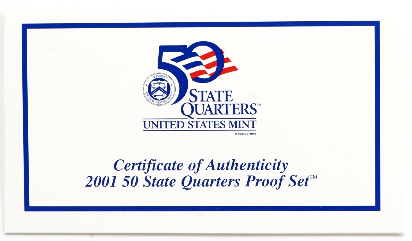 2001 State Quarter Proof Set w/ Box & COA